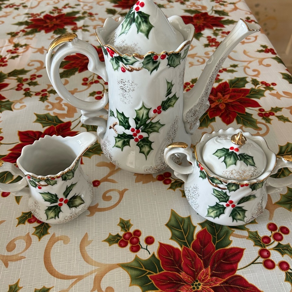 Vintage Festive Holiday Porcelain coffee Tea Set with Holly Design creamer sugar